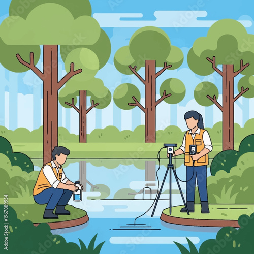 Scientists Collecting Water Samples in Forest Illustration.