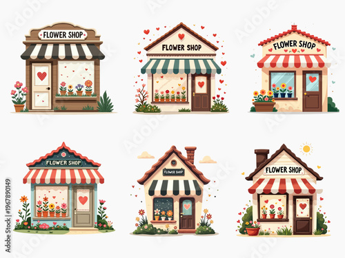 Cute Flower Shop Storefront Set, Kawaii Floral Boutique Illustration Collection