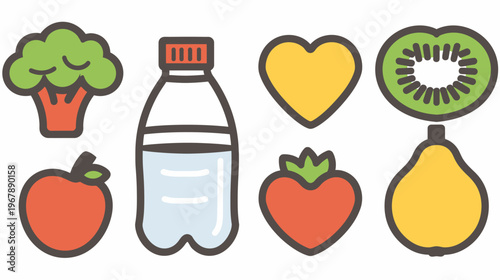 Cartoon health icons, includes broccoli, water bottle, heart, kiwi, apple, strawberry, pear