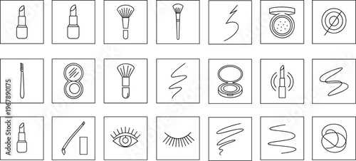 Makeup and Cosmetics Line Icon Set Featuring Lipstick, Brushes, Powder, Eyeliner, Mascara and Beauty Tools Minimal Outline Vector Collection