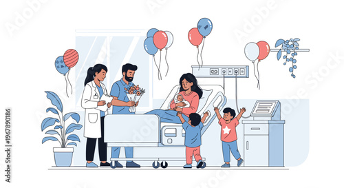 Happy family and a doctor visiting a mother and her newborn baby in a hospital room decorated with balloons.