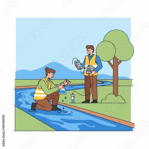 Scientists Collecting Water Samples for Environmental Analysis in a River.