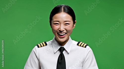 Smiling female pilot in uniform with hand on chest against green background