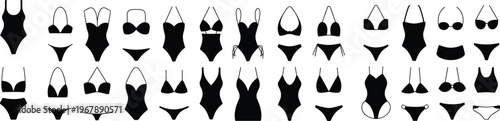 Large collection of black silhouette women's swimwear styles including various bikinis and one-piece swimsuits isolated on white background for summer fashion and beachwear graphic design.