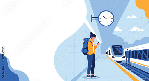Young woman with a backpack checking her smartphone while waiting for a train on a platform with a clock.
