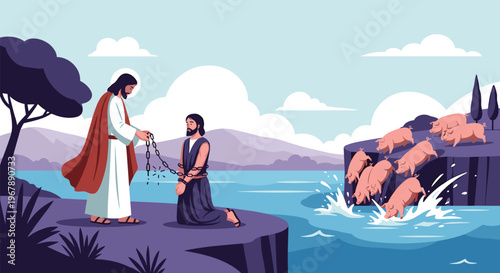 Biblical illustration of Jesus healing a man and casting demons into a herd of pigs jumping into the sea.