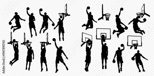 Dynamic silhouettes of basketball players in various action poses, including jumping, shooting, and dunking the ball into the hoop.