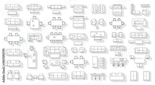 Architectural floor plan icons set, furniture top view symbols for interior design, house layout vector elements for blueprint planning
