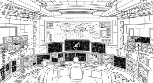 Control room with multiple computer screens.