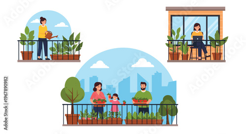 Neighbors in a city building enjoying their urban gardens on separate balconies filled with green plants and pots.
