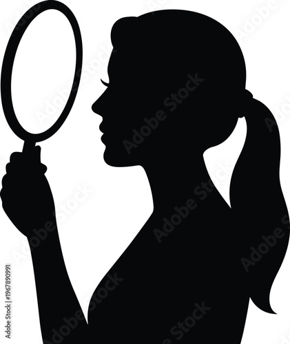 Silhouette of a beautiful young woman looking into a hand mirror for beauty and self care isolated on a white background for grooming and reflection.