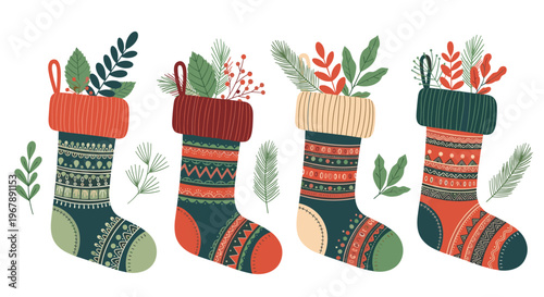 Row of four colorful Christmas stockings decorated with patterns and filled with winter greenery and berries.