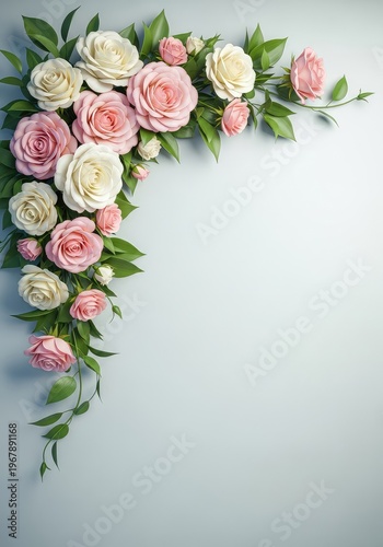 Elegant floral corner arrangement featuring soft pastel roses and lush green leaves against a light background, perfect for invitations, invitation, blossom, botanical