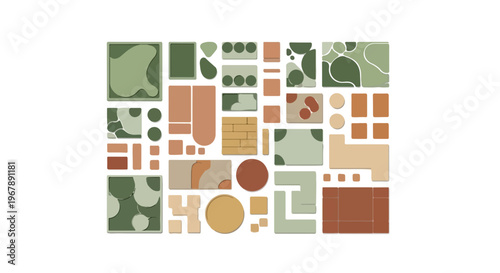 Abstract landscape architecture plan elements, top view garden design symbols, organic geometric shapes for site mapping and urban planning