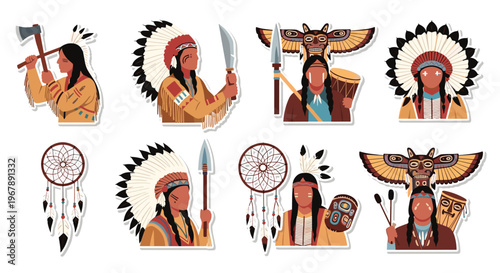 Collection of diverse Native American character stickers wearing traditional headdresses and carrying tools.