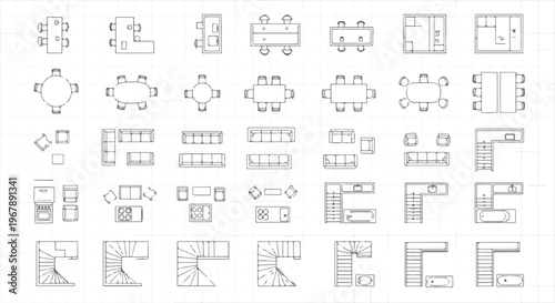 Architectural floor plan icons set, furniture top view symbols for interior design, house layout vector elements for blueprint planning