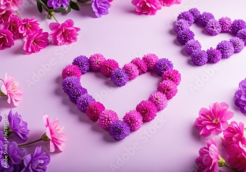 Elegant holiday background featuring vibrant purple and pink flowers meticulously arranged in heart shapes over a soft and dreamy surface, delicate, magenta, lavender
