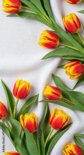 Elegant seamless floral background featuring vibrant red and yellow tulips with green leaves, perfectly repeating on a light soft fabric, ornamental, leaf, flora