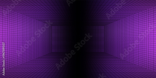 Purple glowing neon wireframe background. Shining checkered vertical grid planes in perspective. Retro futuristic depth wallpaper. Arcade game sci fi matrix surface backdrop for poster, banner. Vector