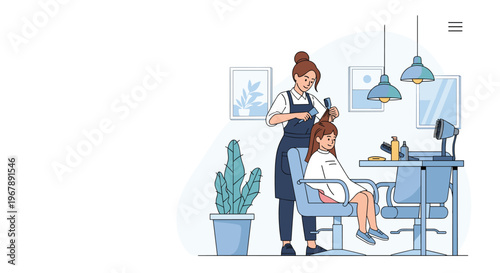 Professional hair stylist provides a haircut to a young girl sitting in a comfortable blue chair at a modern beauty salon.