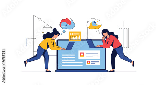 Two women developers work on laptops and collaborate on a project with colorful digital icons floating above their screens.