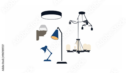 Minimalist modern lighting vector infographic of ceiling, floor, desk, wall, and pendant lamps
