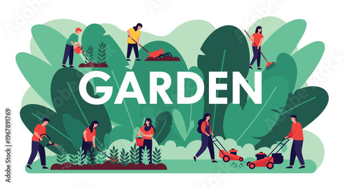 Diverse group of people performs various gardening tasks like watering plants, raking leaves, and mowing lawns in a lush green space.