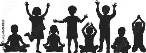Silhouette of a diverse group of happy children playing, practicing yoga, and meditating with raised hands isolated on a white background for school education.