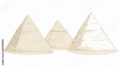 Three tan pyramids stand in a line, stylized in rough texture against a white background