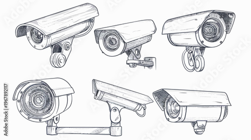 Array of security camera illustrations rendered in a vintage, hand-drawn style
