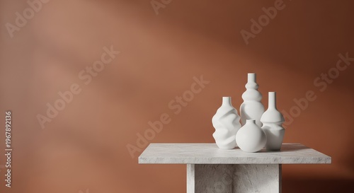 Minimalist living space featuring elegant white ceramic vases on a stone table against a warm mocha mousse brown wall with soft shadows, minimalist, tone, elegant