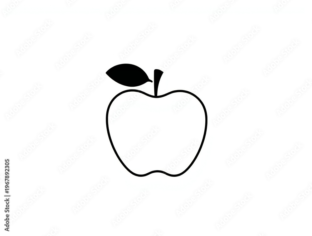 Fototapeta premium Simple black outline drawing of an apple with a single leaf