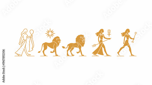 Golden silhouettes of women and lions walking across a white background