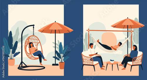 People enjoy relaxing in comfortable outdoor furniture including a hanging basket chair and a hammock under umbrellas.