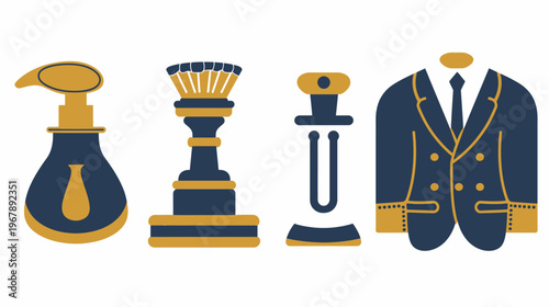 Stylish toiletry set and suit illustration in navy and gold on a white background