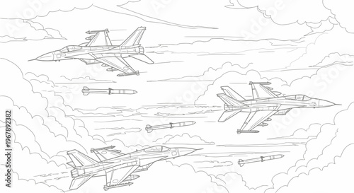 Fighter jets flying with missiles.