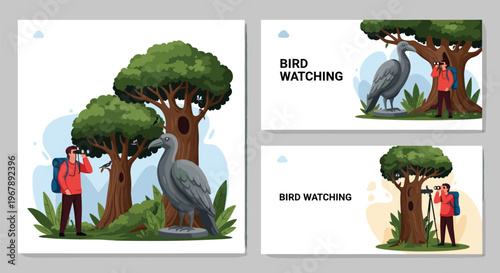 Series of posters showing a bird watcher in the forest using binoculars to observe a large gray bird near a tree.