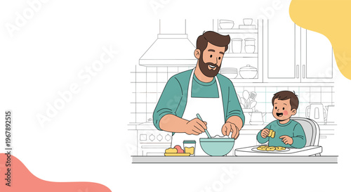 Smiling father and his young son enjoy cooking together in a modern kitchen while preparing cookies at the counter.