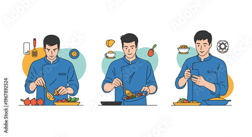 Three different scenes of a professional chef preparing food, tossing vegetables in a pan, and checking his smartphone.