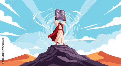 Biblical figure Moses stands on a mountain peak and holds the Ten Commandments tablets towards a bright blue sky.