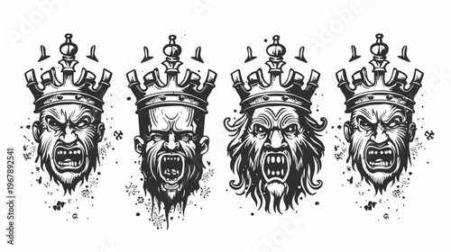 Four illustrated, angry faces wearing crowns, rendered in stark black and white linework