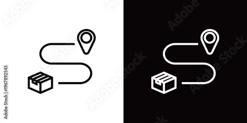 配達ルートのコンセプトのラインアイコン。白い線と黒い線のモノクロベクターイラスト