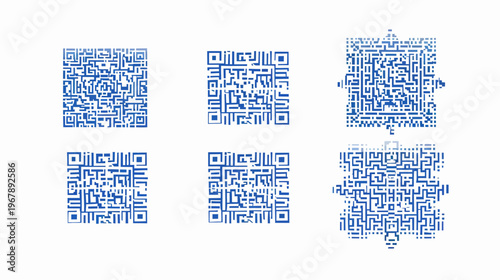 Six stylized blue QR code patterns of varying complexity are arranged on white