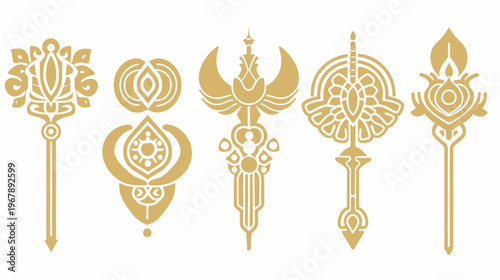 Five golden ornate scepters on a white background