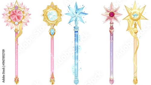 Five magic wands with star-shaped tops, each unique in color and design, on white background
