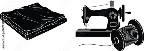 Sewing tools collection with fabric, sewing machine and thread spool, tailoring equipment set, textile craft concept, black and white vector illustration