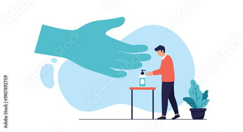 Small man uses hand sanitizer from a bottle on a table while a giant hand reaches out towards him on a blue background.