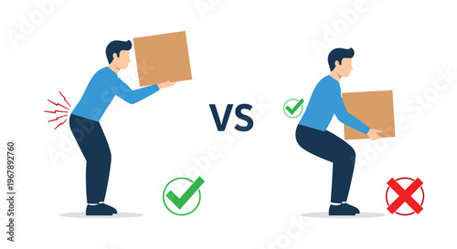 Two panels showing the wrong and right way to lift heavy boxes to prevent back injury and maintain proper posture.