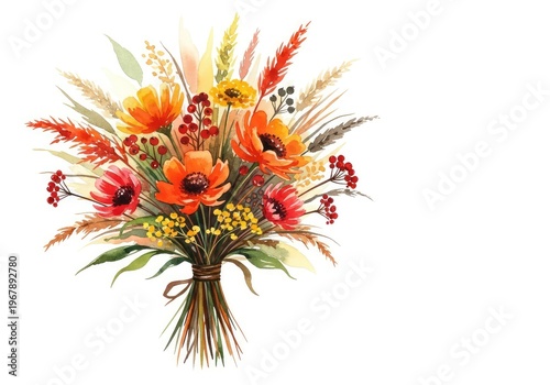 Vibrant orange watercolor autumn bouquet featuring rustic meadow flowers and garden botanicals in a bohemian style for wedding decor, meadow, aesthetic, warm