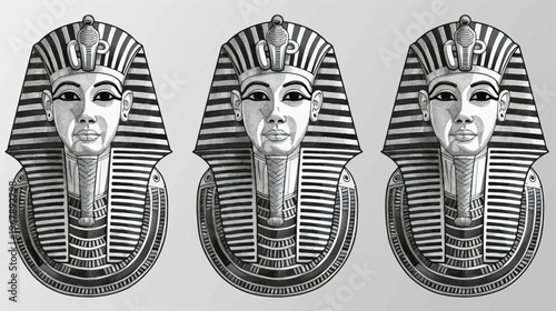 Three grayscale pharaoh busts, striped headdresses, central cobra, detailed necklace